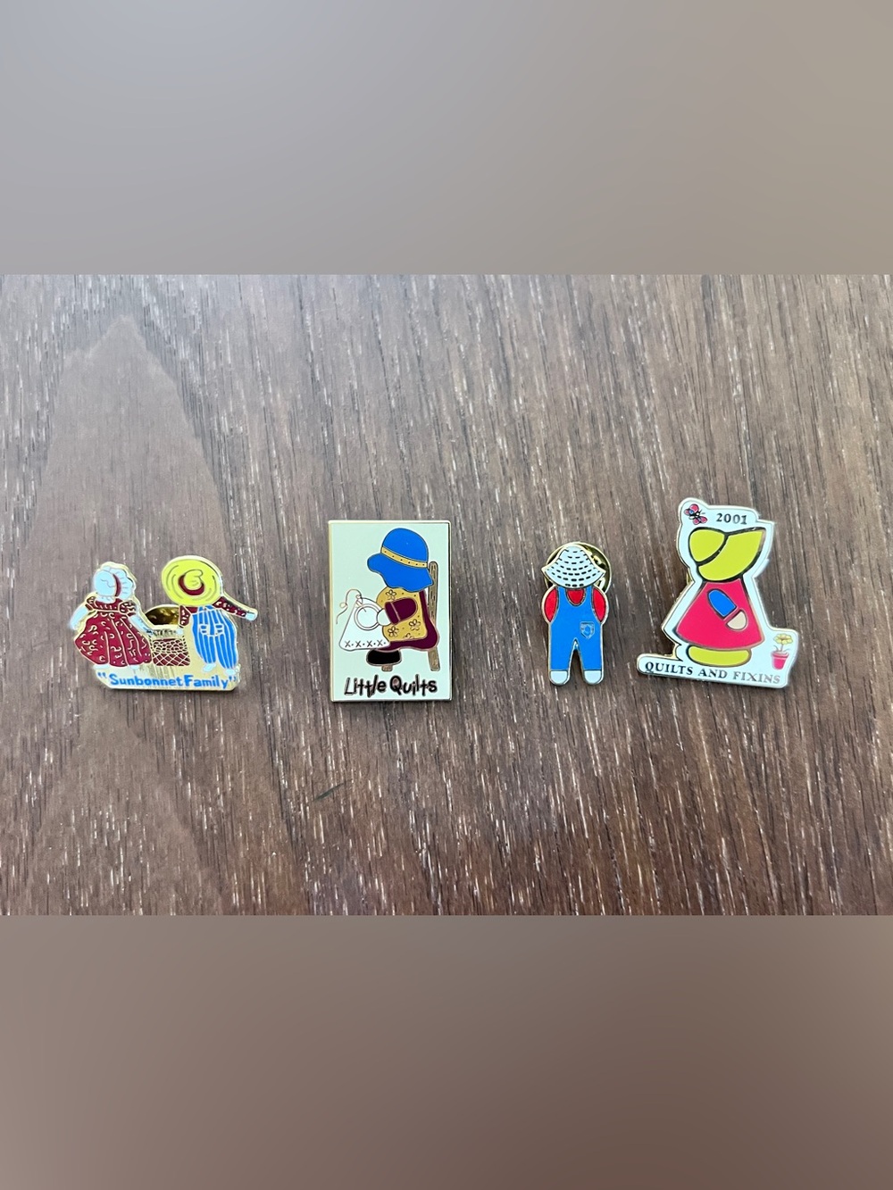 Set of 4 Colorful Sunbonnet Sue  Enamel Pins - Yellow, Blue, Red